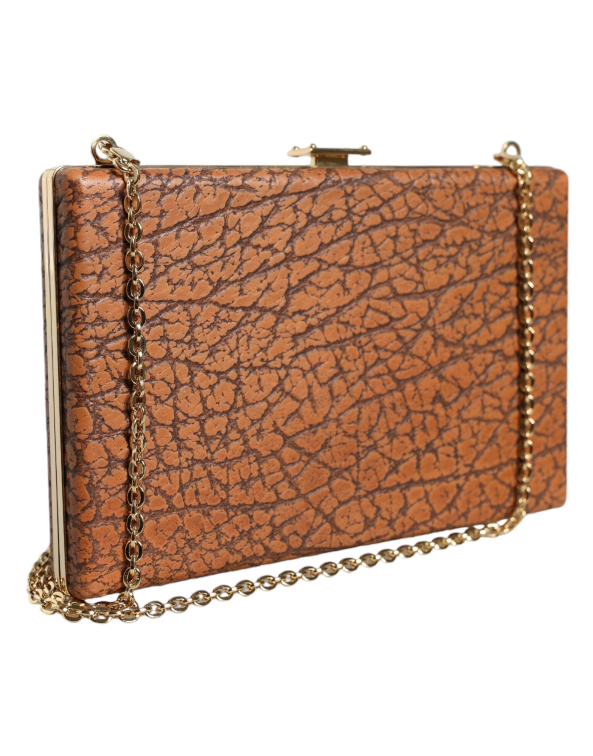Brun clutch-mini-skulderveske i skinn med gullramme