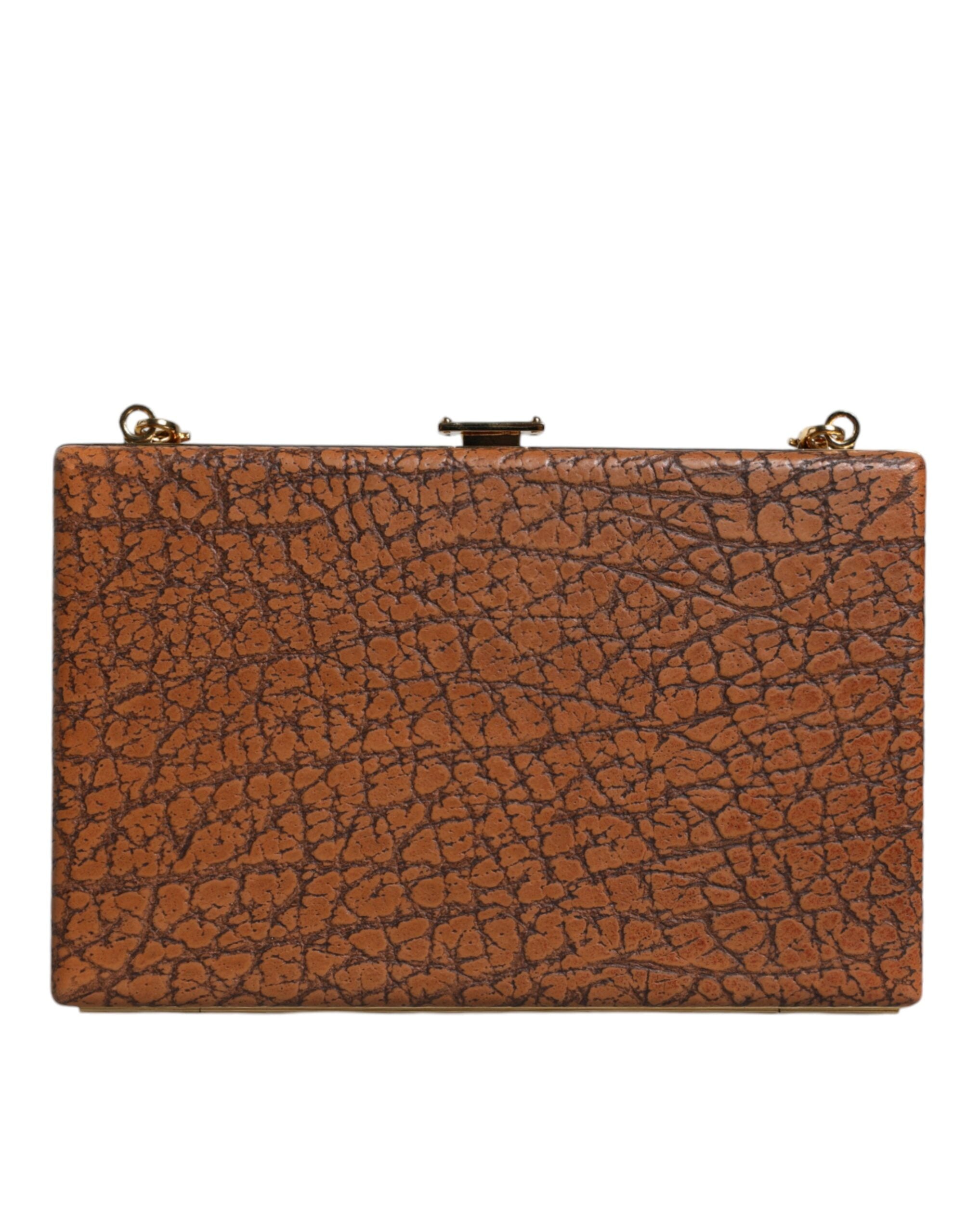 Brun clutch-mini-skulderveske i skinn med gullramme