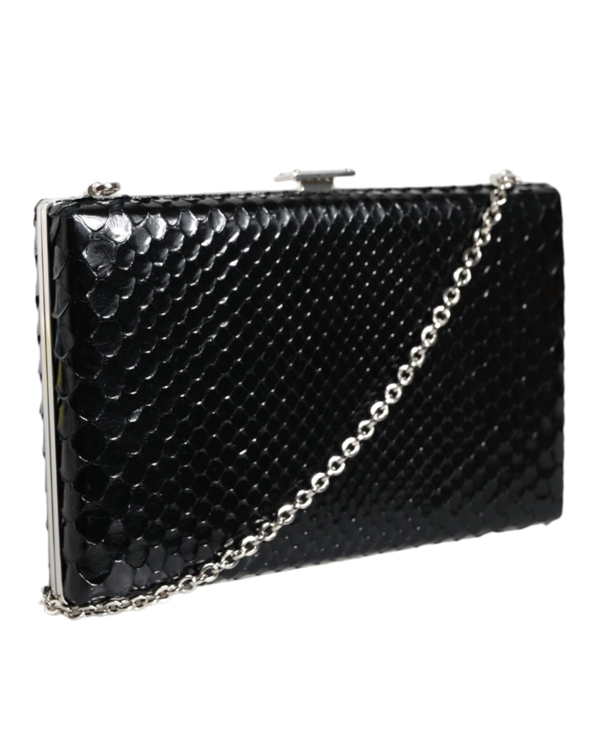 Svart skinn clutch mini crossbody-veske med sølvfarget ramme