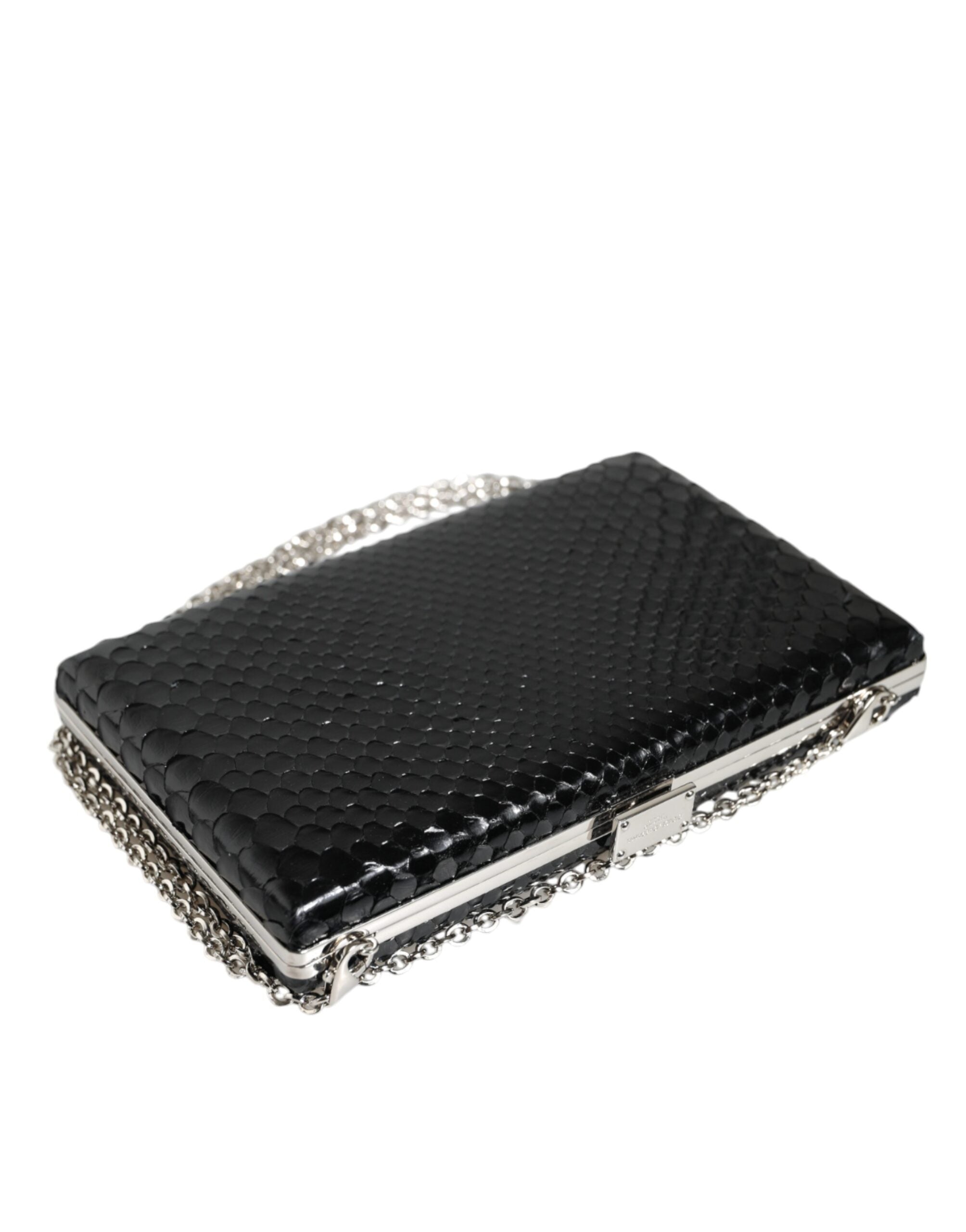 Svart skinn clutch mini crossbody-veske med sølvfarget ramme