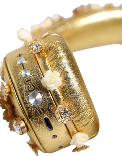 Dolce &amp; Gabbana gullfargede lærhodetelefoner med blomsterkrystall og engel