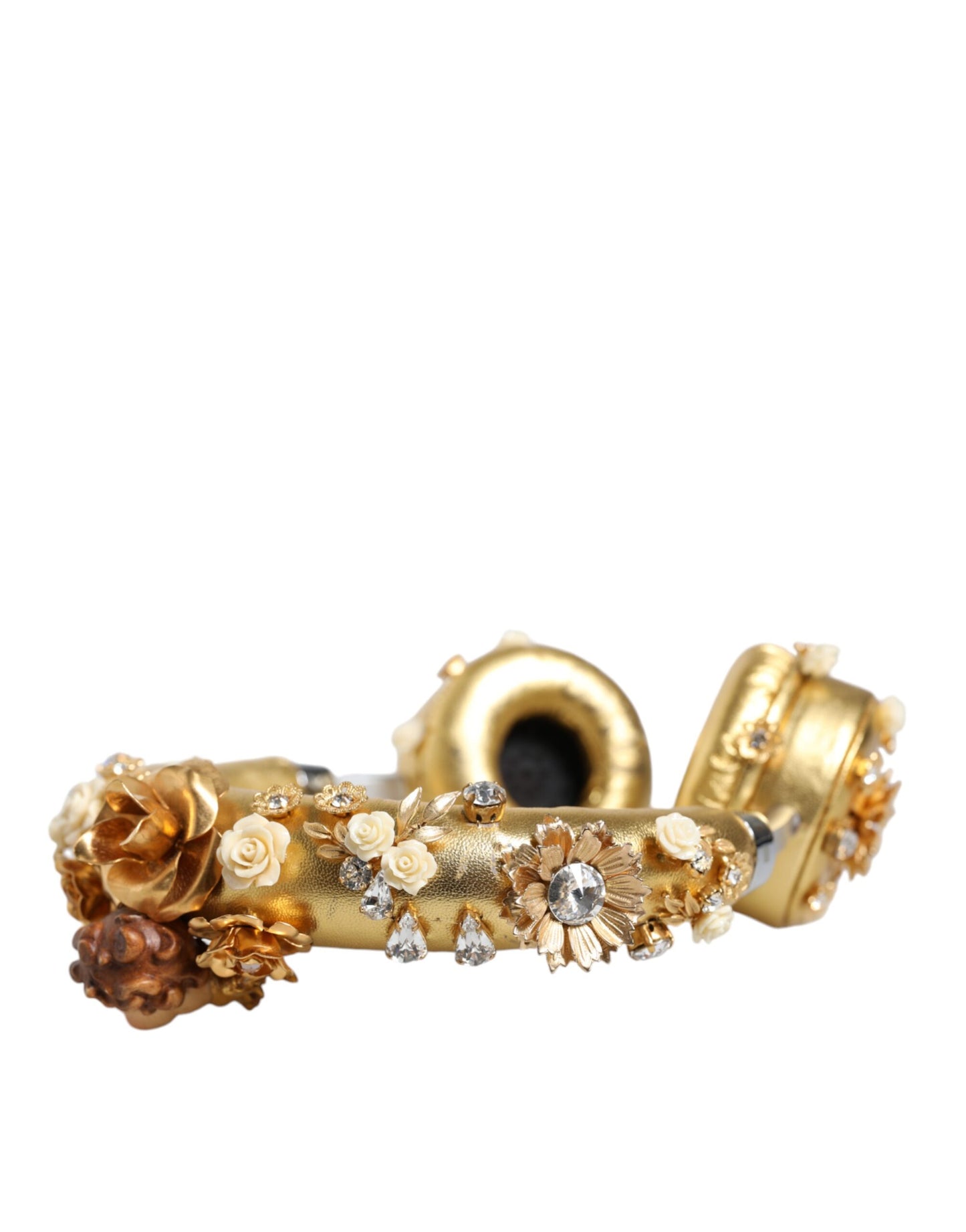 Dolce &amp; Gabbana gullfargede lærhodetelefoner med blomsterkrystall og engel