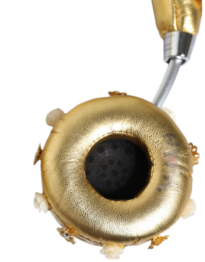 Dolce &amp; Gabbana gullfargede lærhodetelefoner med blomsterkrystall og engel