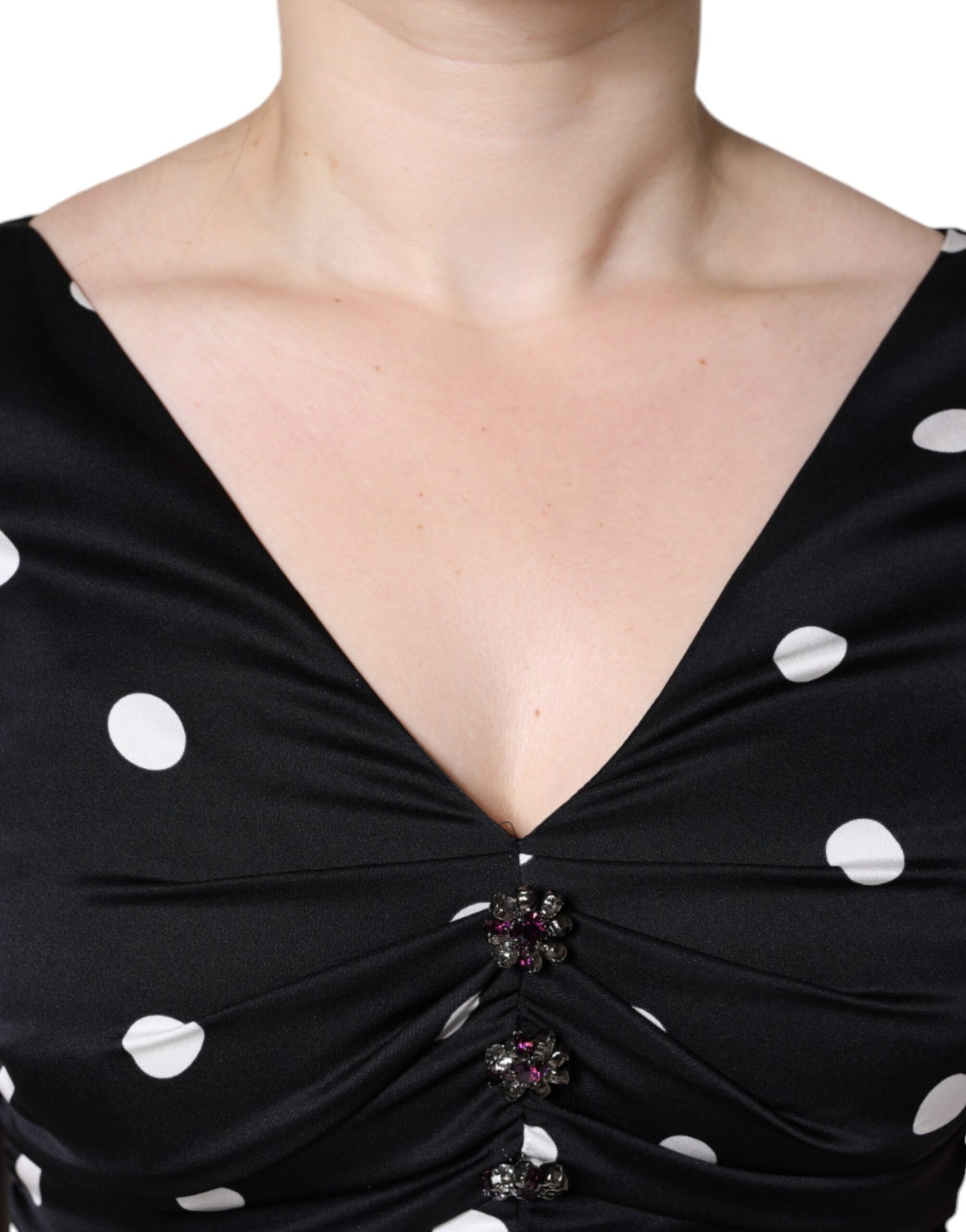 Dolce &amp; Gabbana Svart Sidenprickig V-ringad Midiklänning med Tofsar