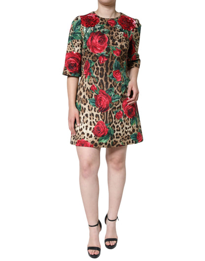 Dolce &amp; Gabbana Brun Leopardröda Rosor Bomulls A-linjeklänning