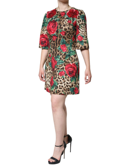 Dolce &amp; Gabbana Brun Leopardröda Rosor Bomulls A-linjeklänning
