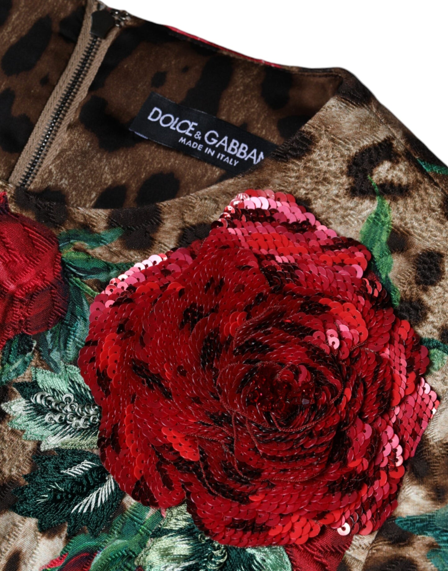 Dolce &amp; Gabbana Brun Leopardröda Rosor Bomulls A-linjeklänning