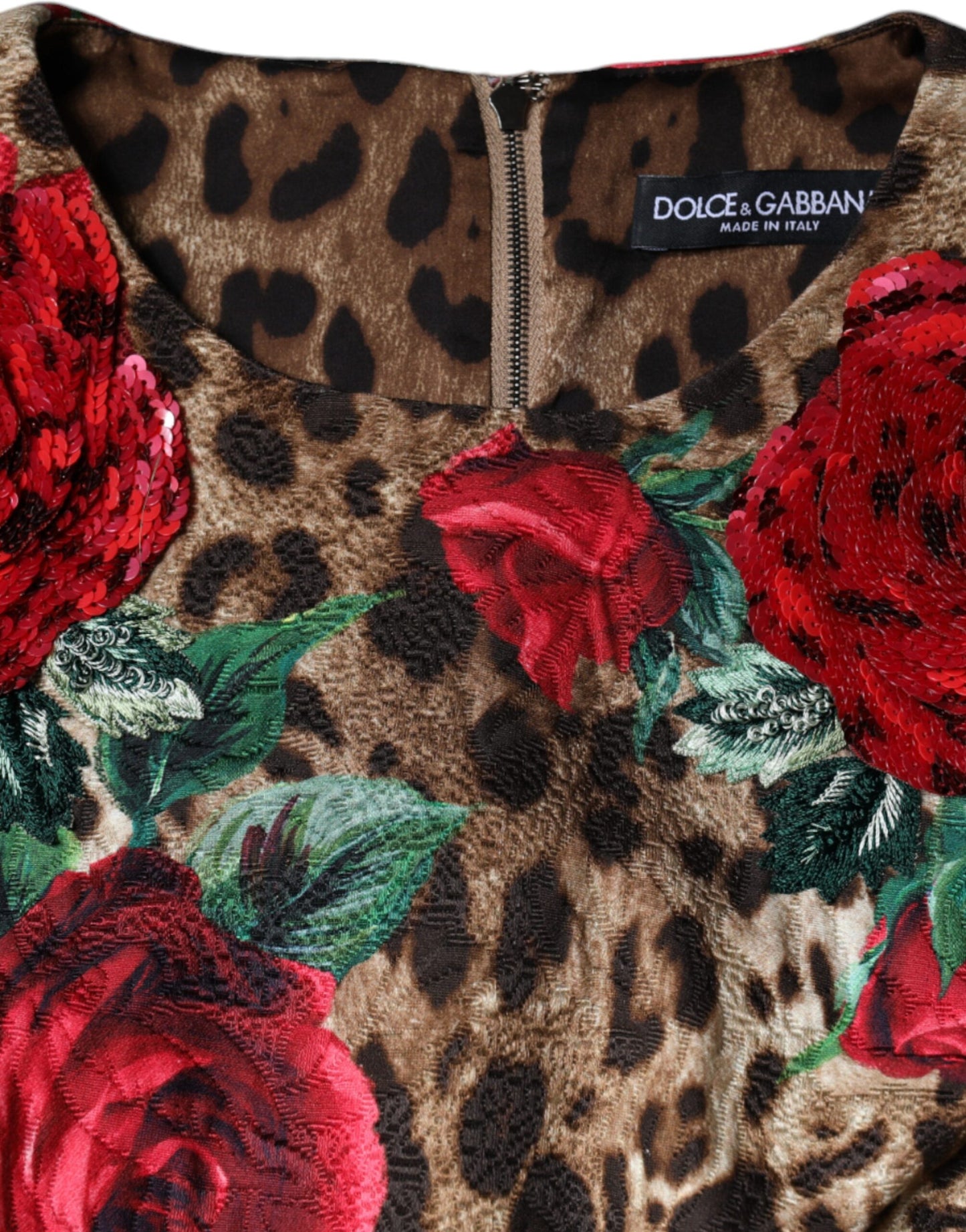 Dolce &amp; Gabbana Brun Leopardröda Rosor Bomulls A-linjeklänning