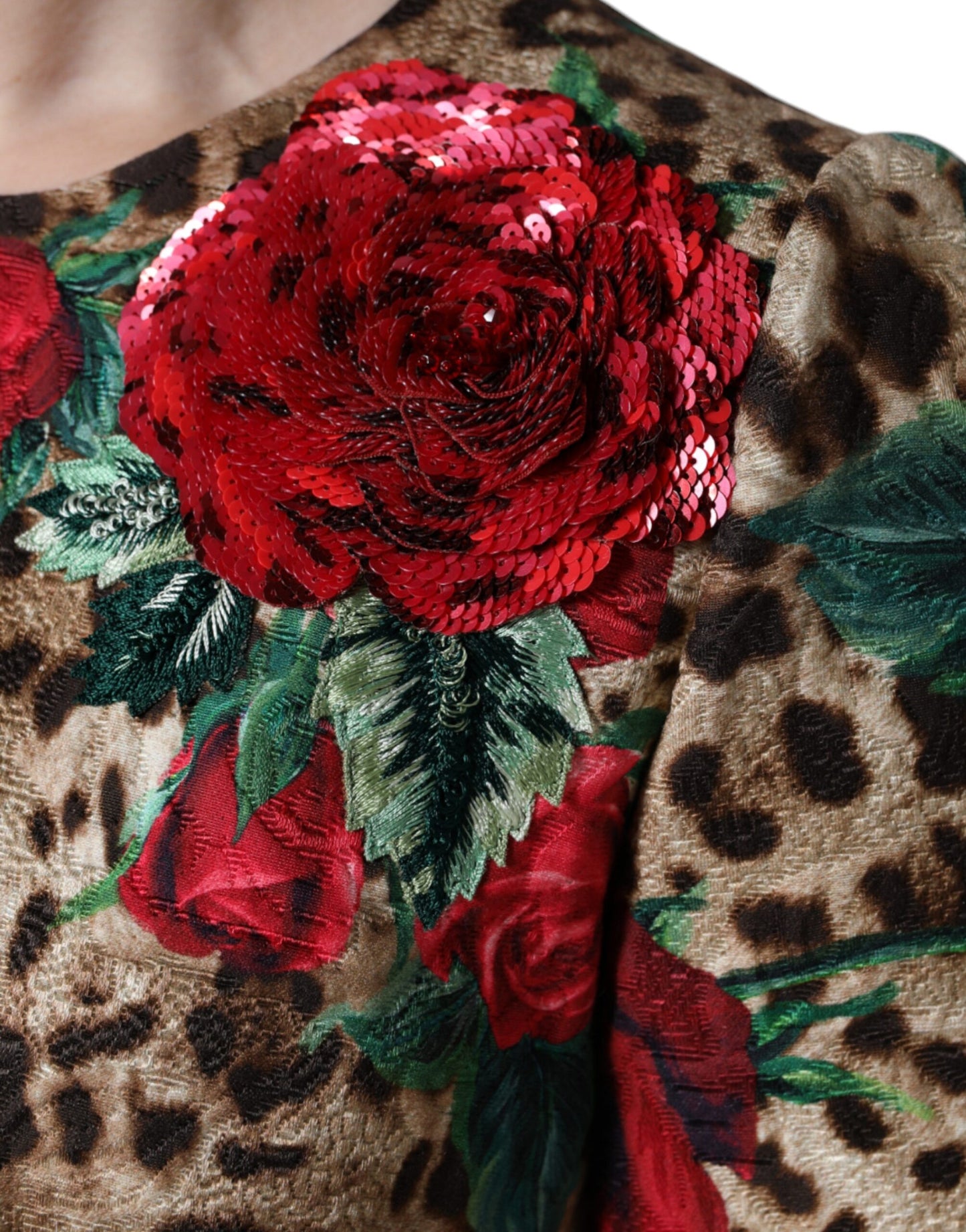 Dolce &amp; Gabbana Brun Leopardröda Rosor Bomulls A-linjeklänning