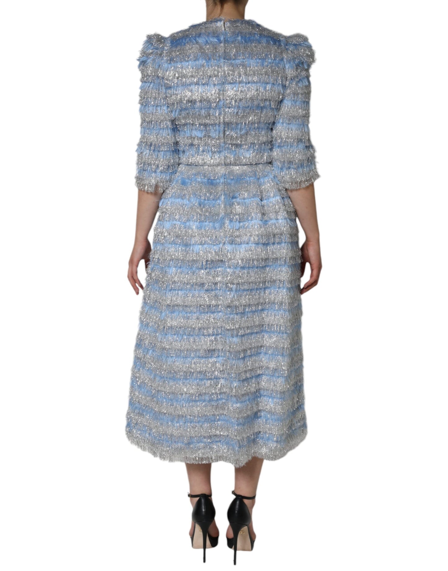 Dolce &amp; Gabbana Ljusblå Silver Jacquard A-linje Midiklänning