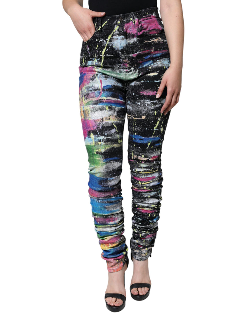 Flerfargede sprutmalingsbomullsskinnjeans