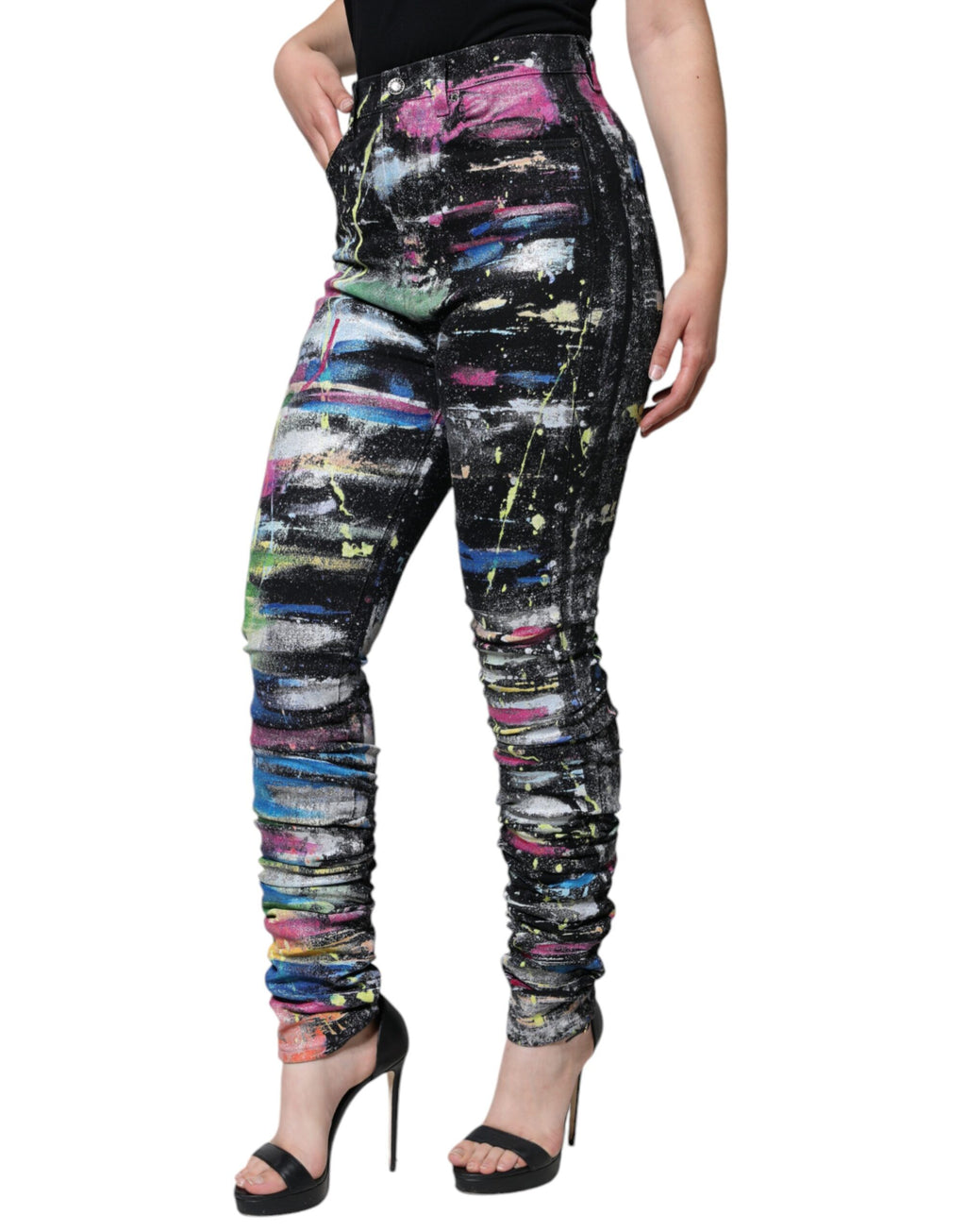 Flerfargede sprutmalingsbomullsskinnjeans