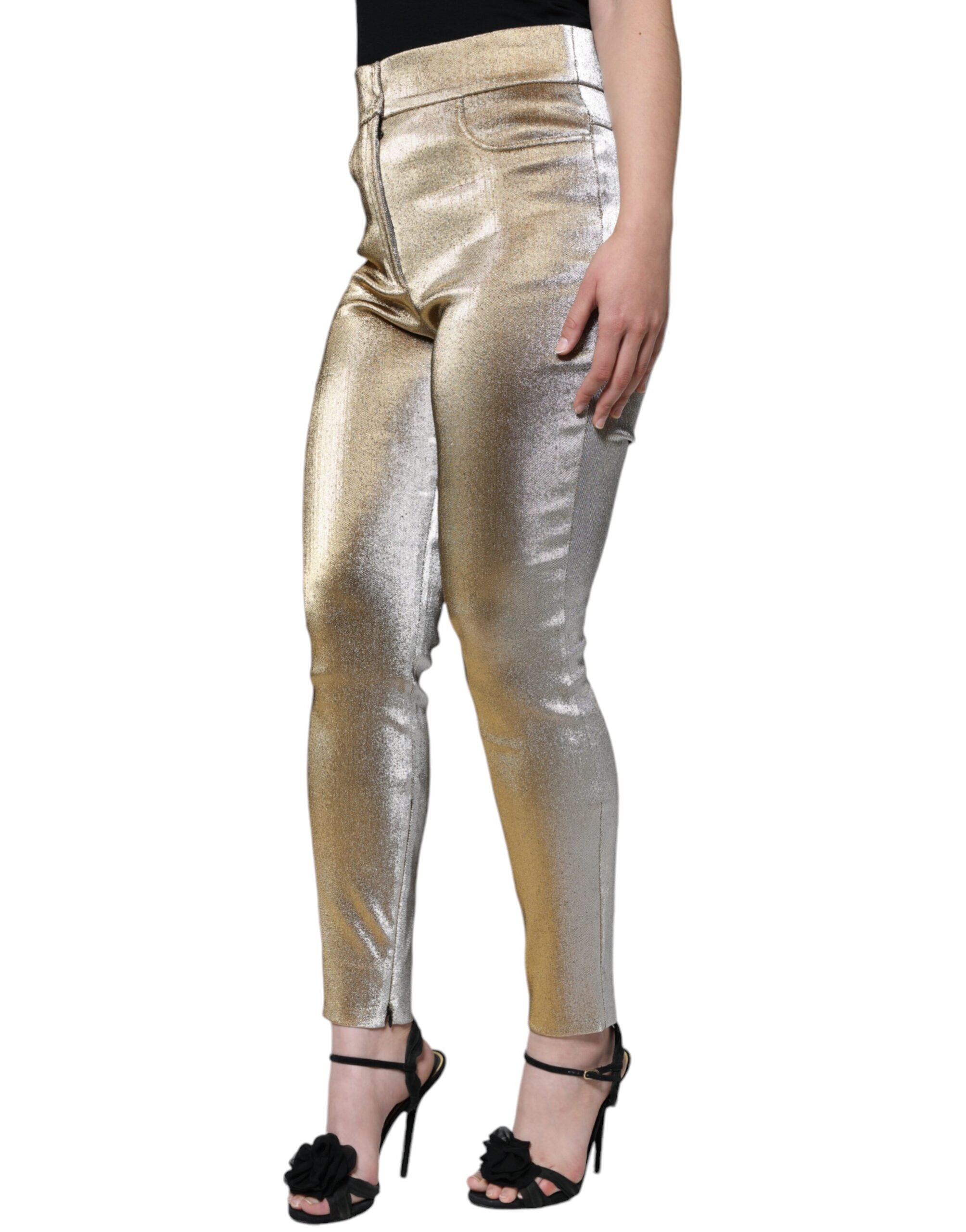 Metallic guldfärgade skinny byxor med hög midja