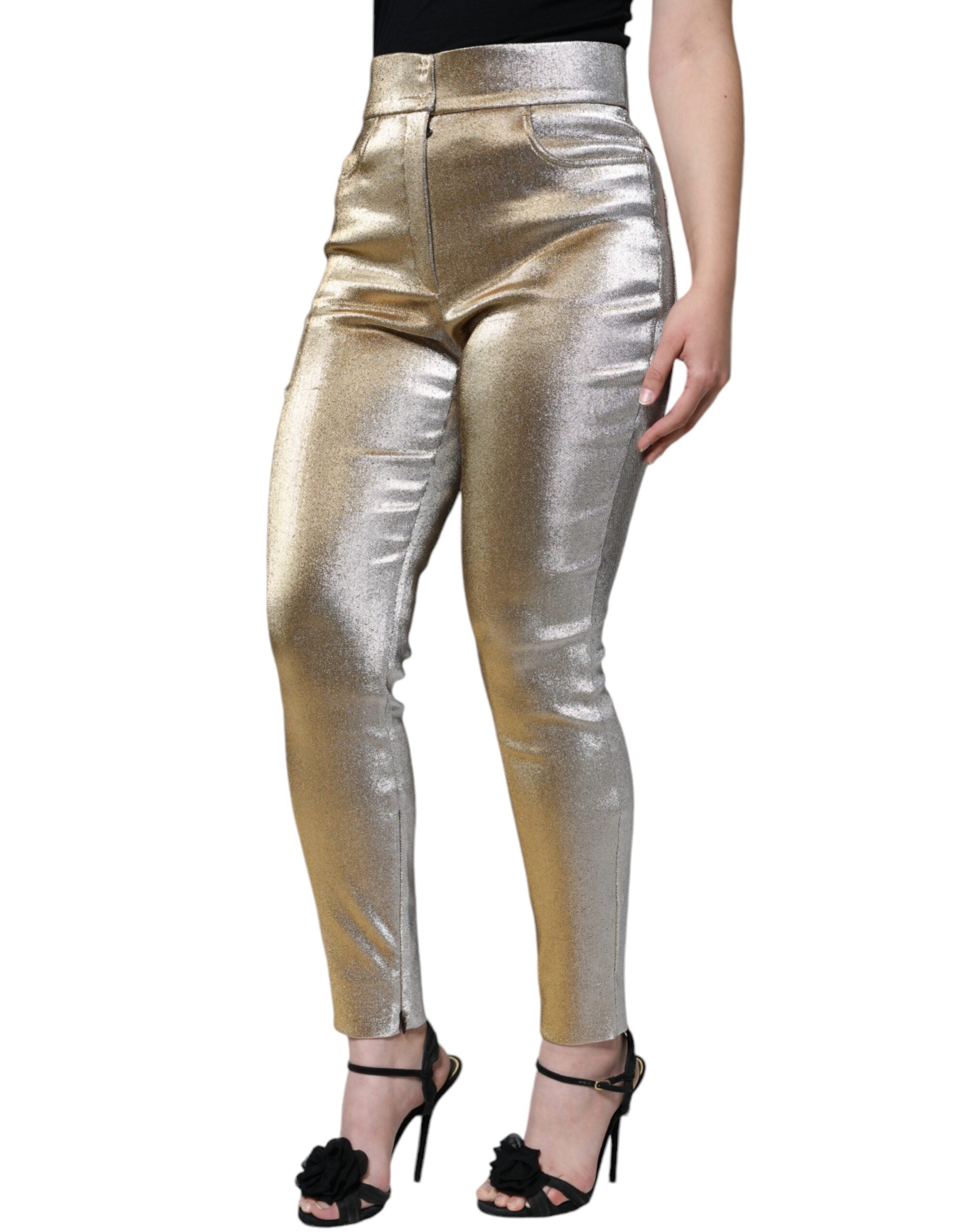 Metallic guldfärgade skinny byxor med hög midja