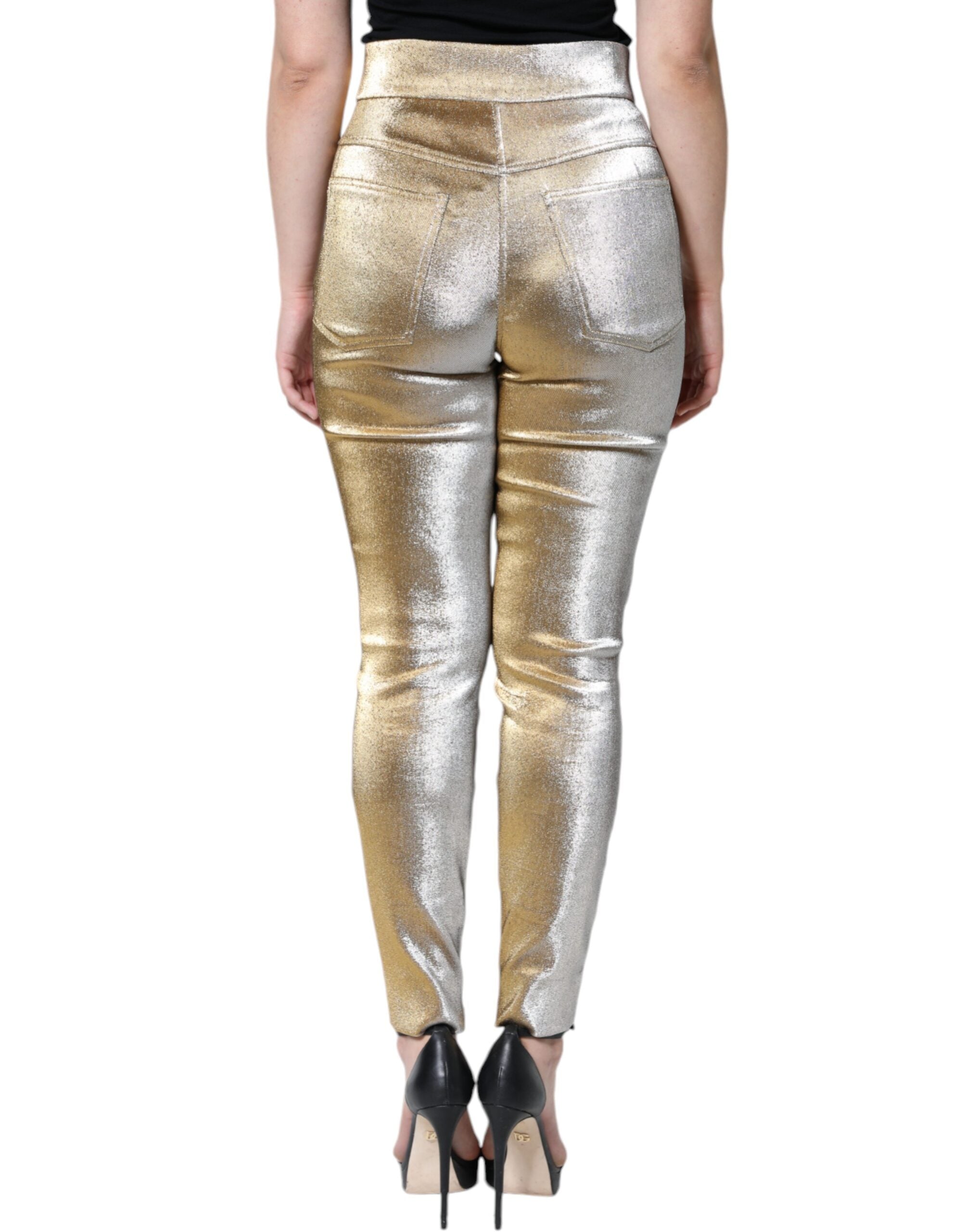 Metallic guldfärgade skinny byxor med hög midja