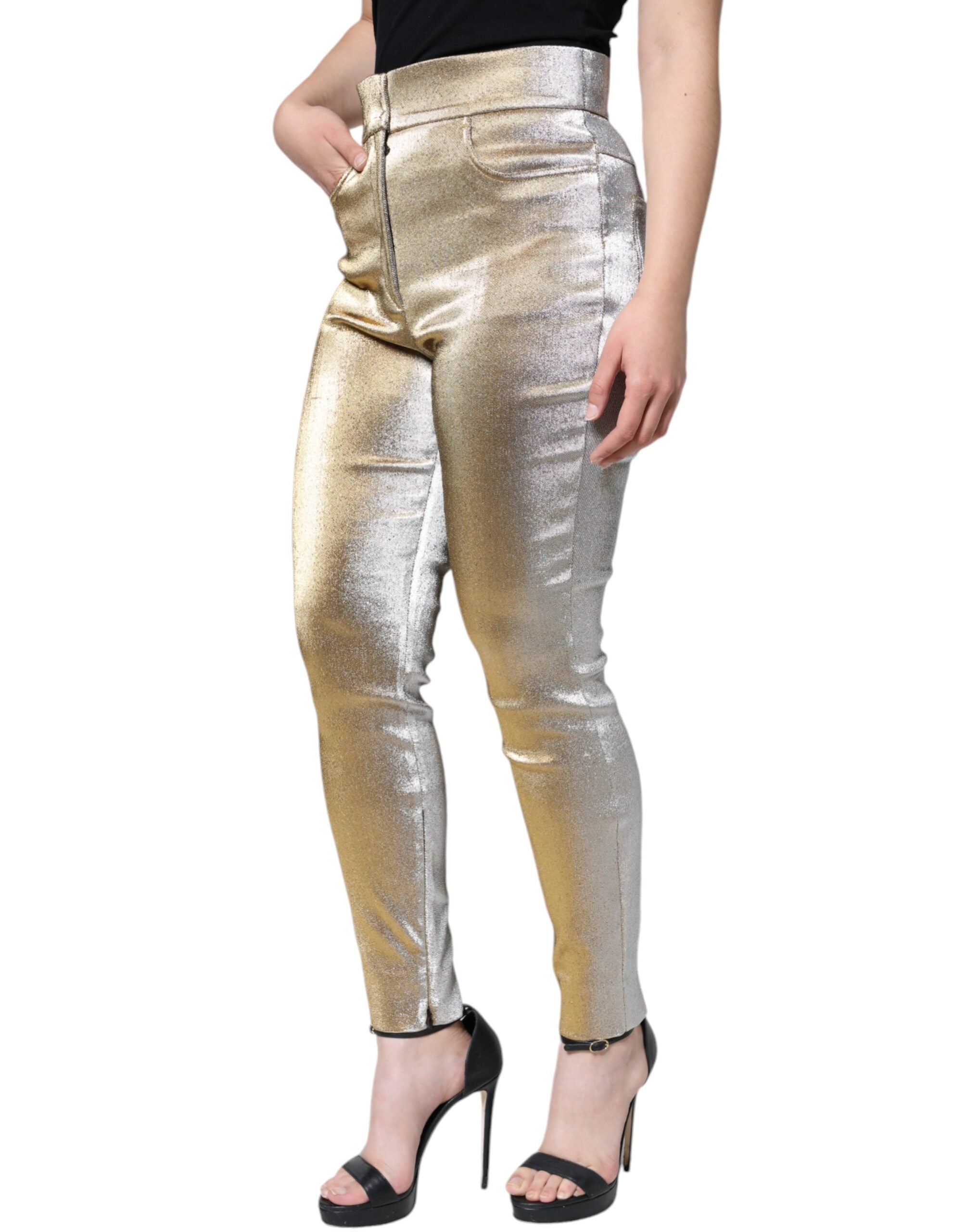 Metallic guldfärgade skinny byxor med hög midja