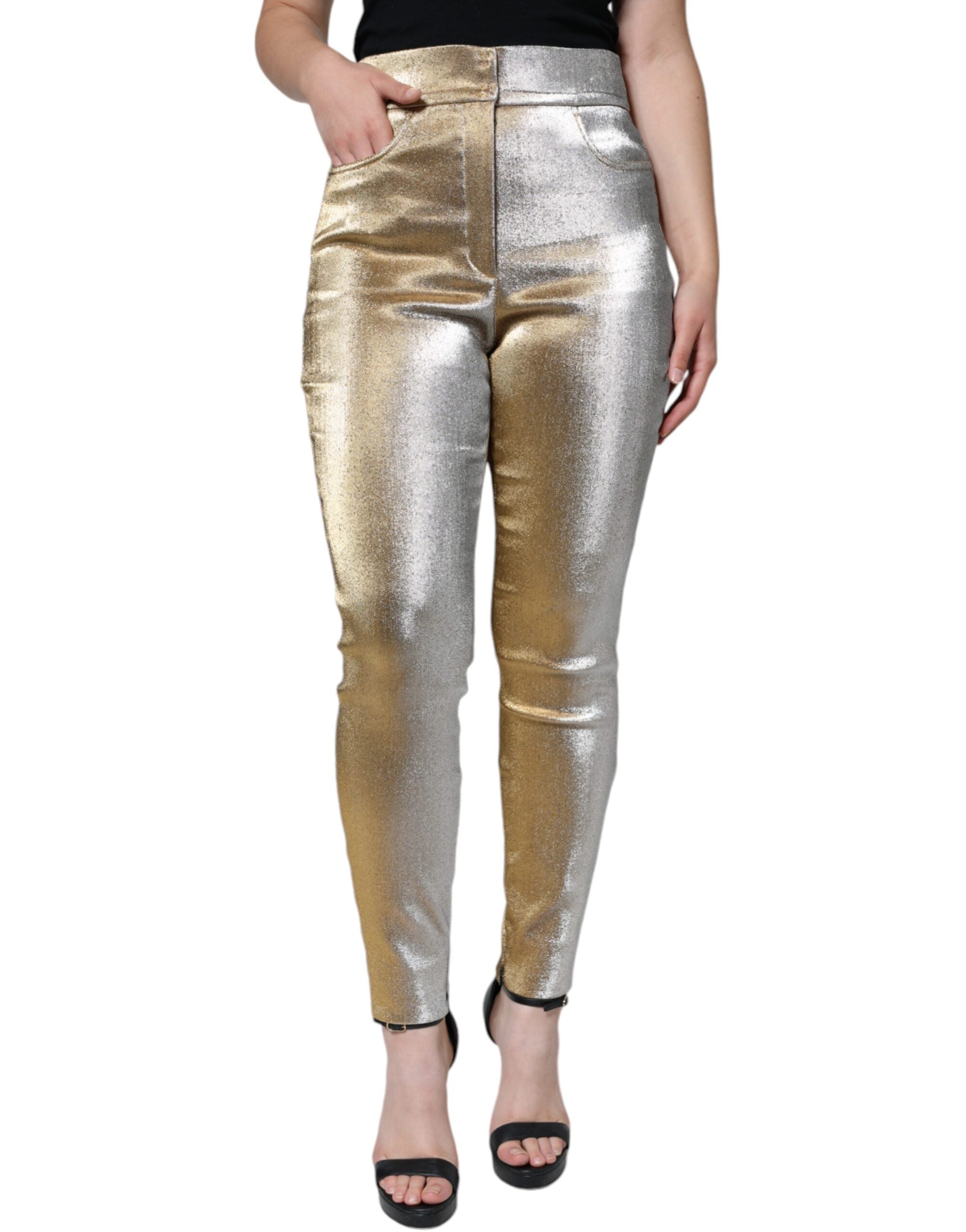 Metallic guldfärgade skinny byxor med hög midja