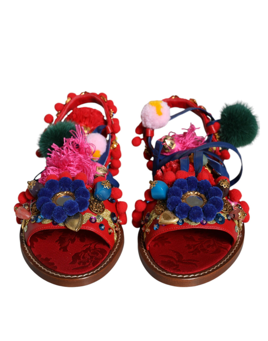 Flerfargede Pom Pom-sandaler med pels, sko med wrap