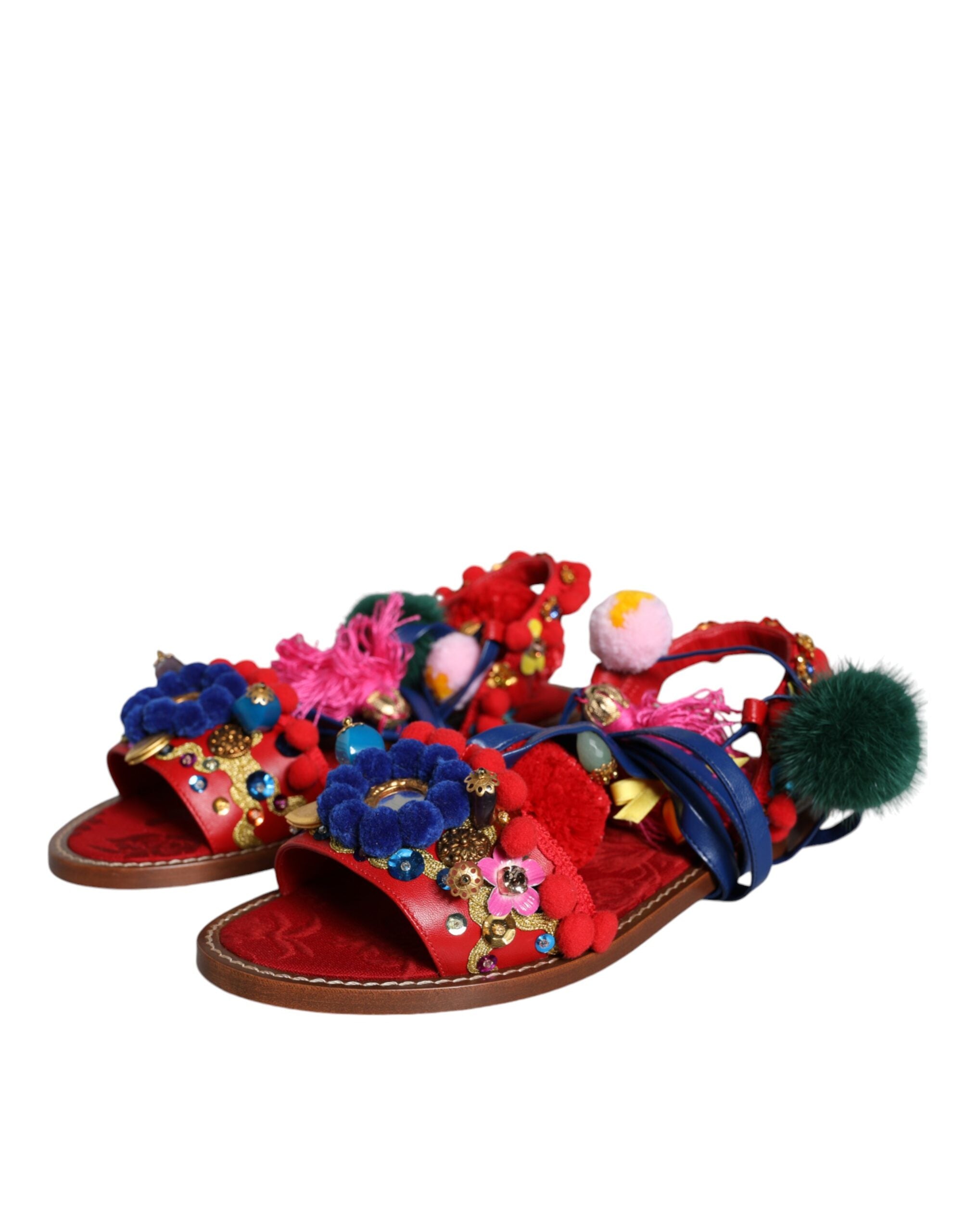 Flerfargede Pom Pom-sandaler med pels, sko med wrap