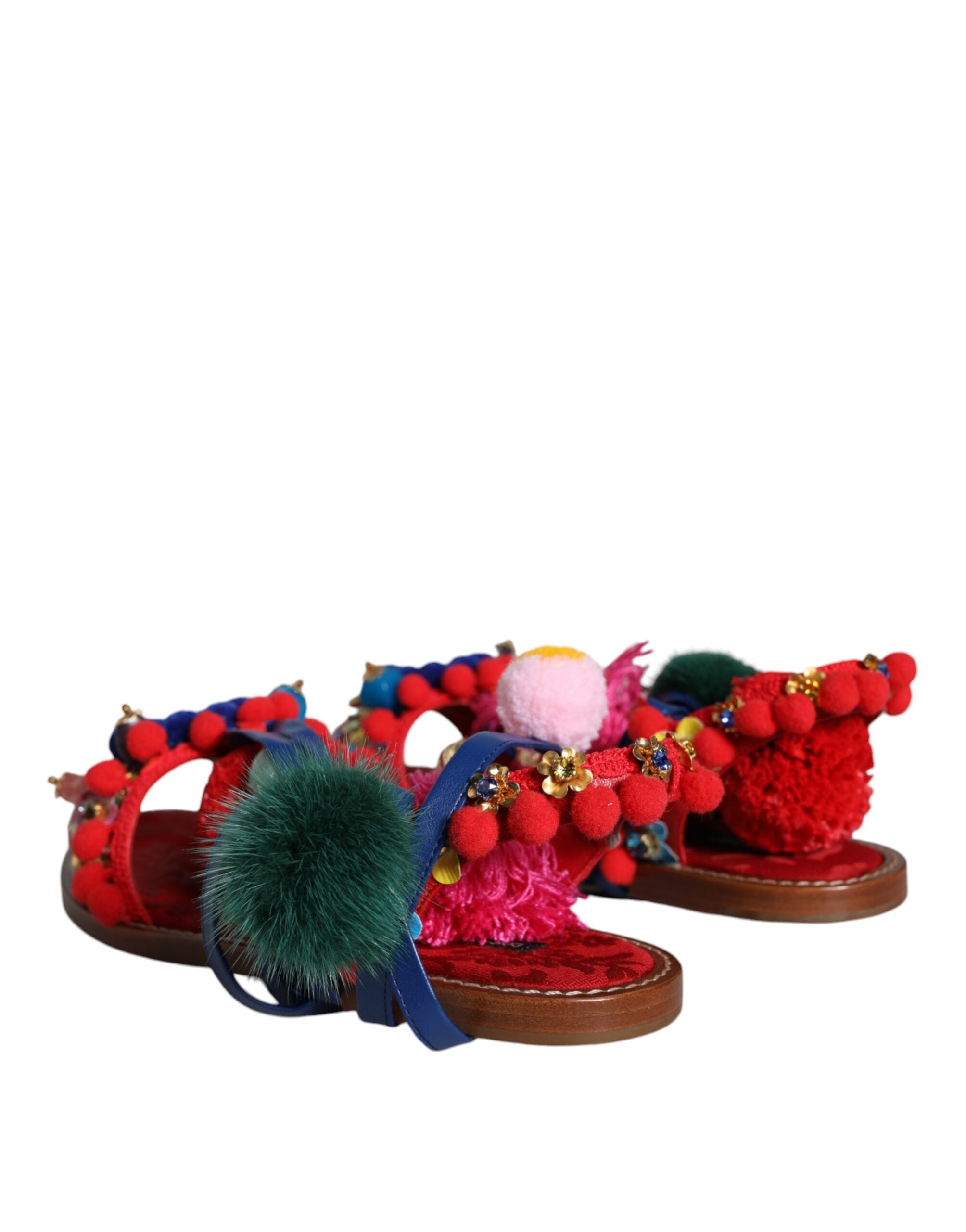 Flerfargede Pom Pom-sandaler med pels, sko med wrap
