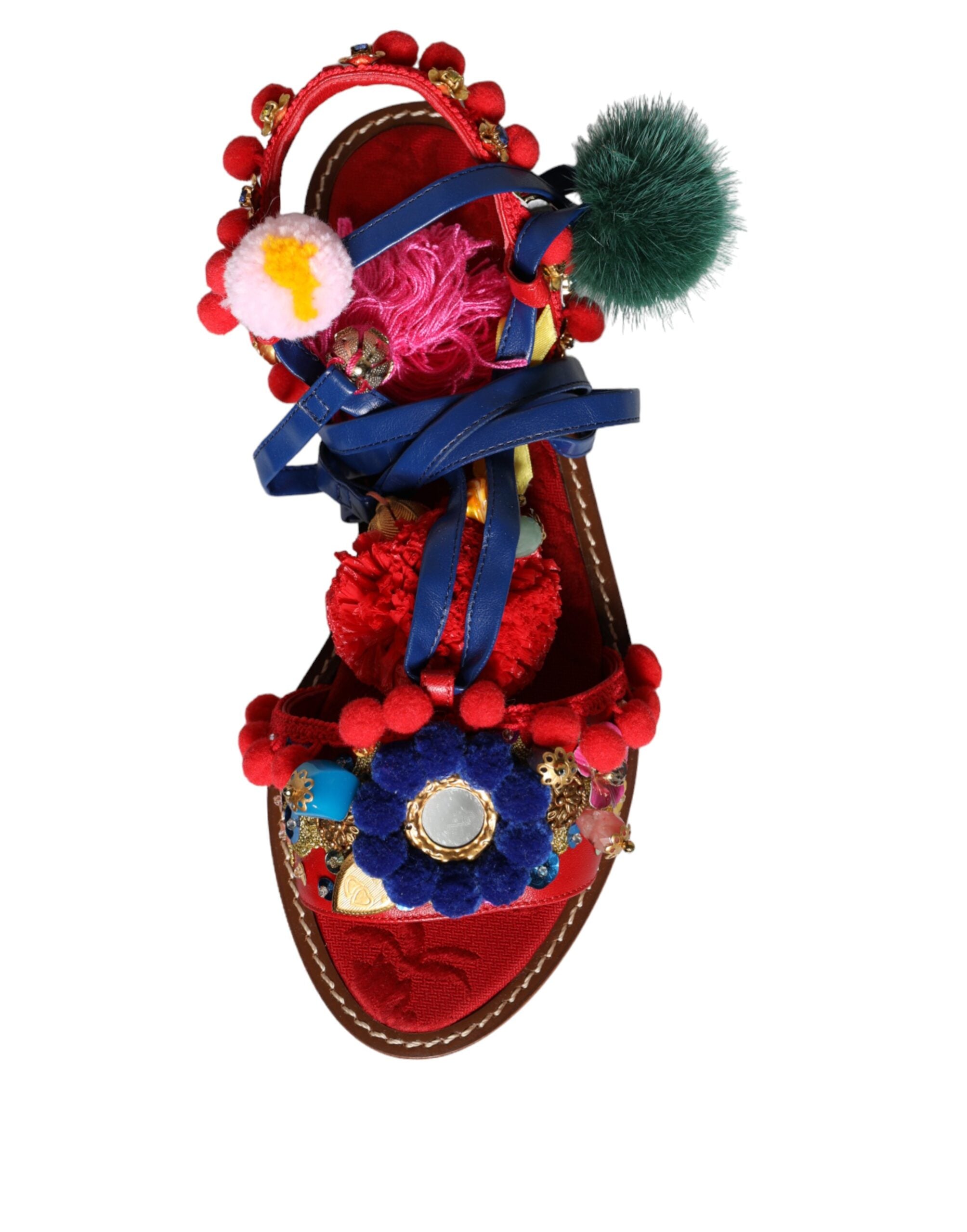 Flerfargede Pom Pom-sandaler med pels, sko med wrap