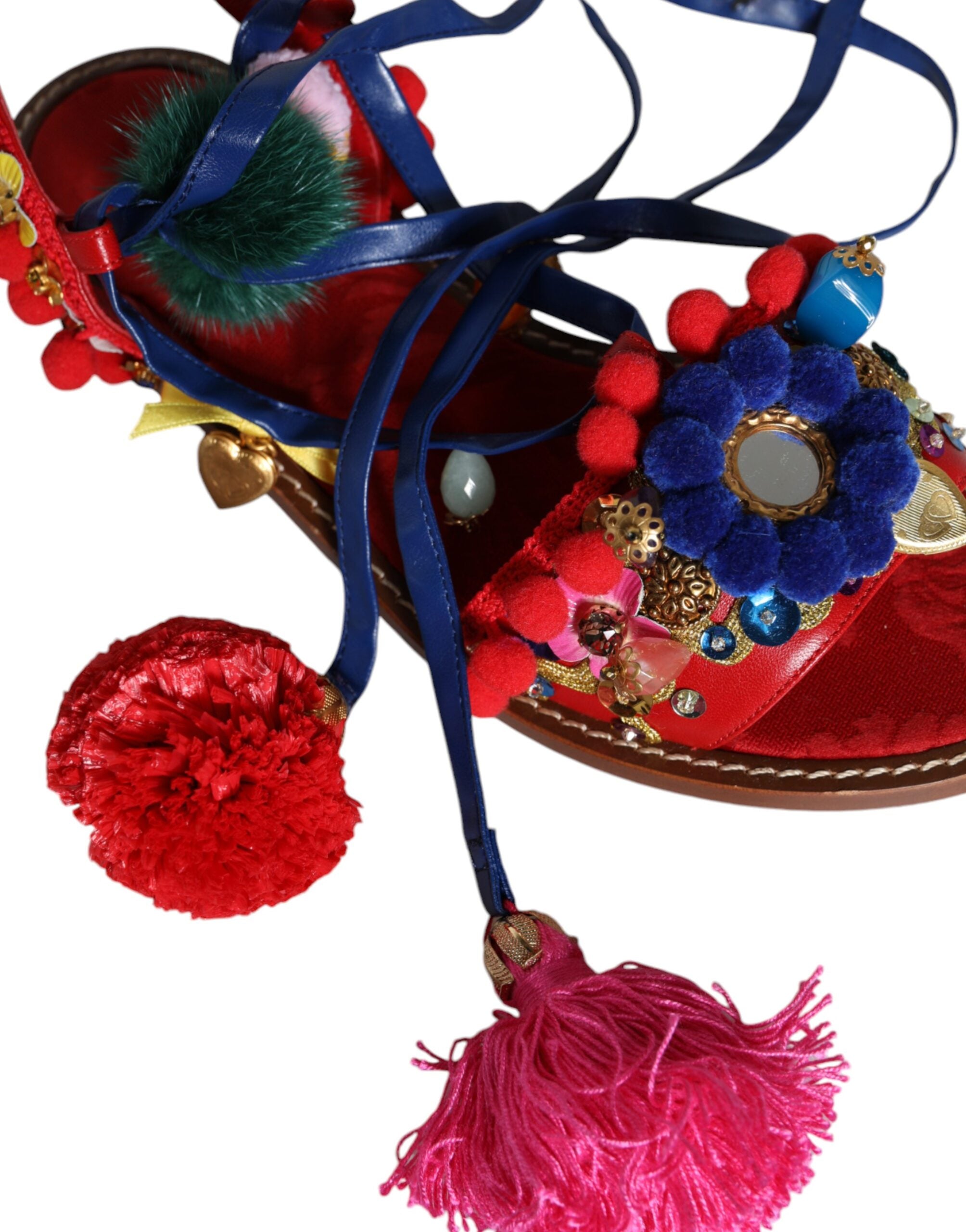 Flerfargede Pom Pom-sandaler med pels, sko med wrap
