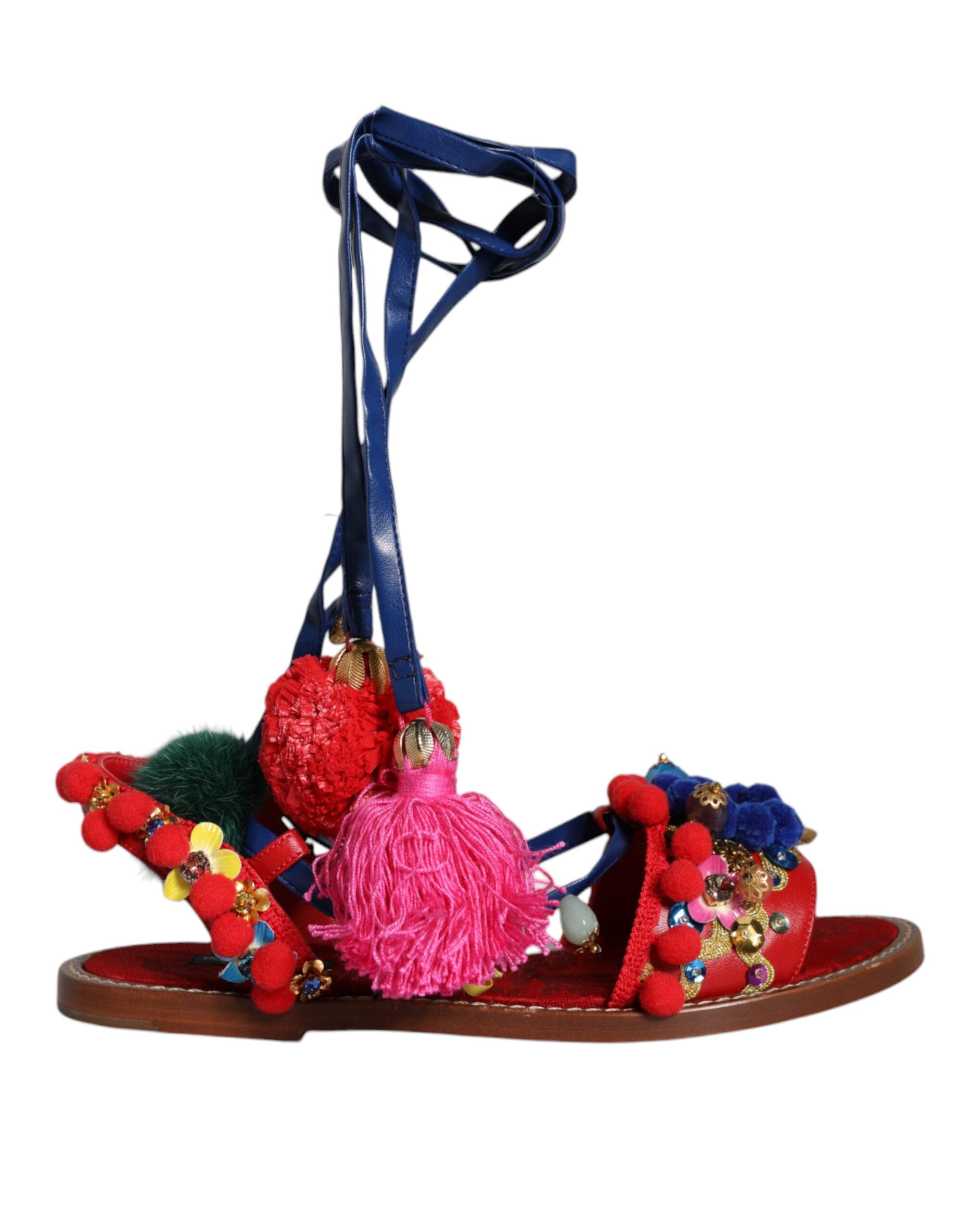 Flerfargede Pom Pom-sandaler med pels, sko med wrap