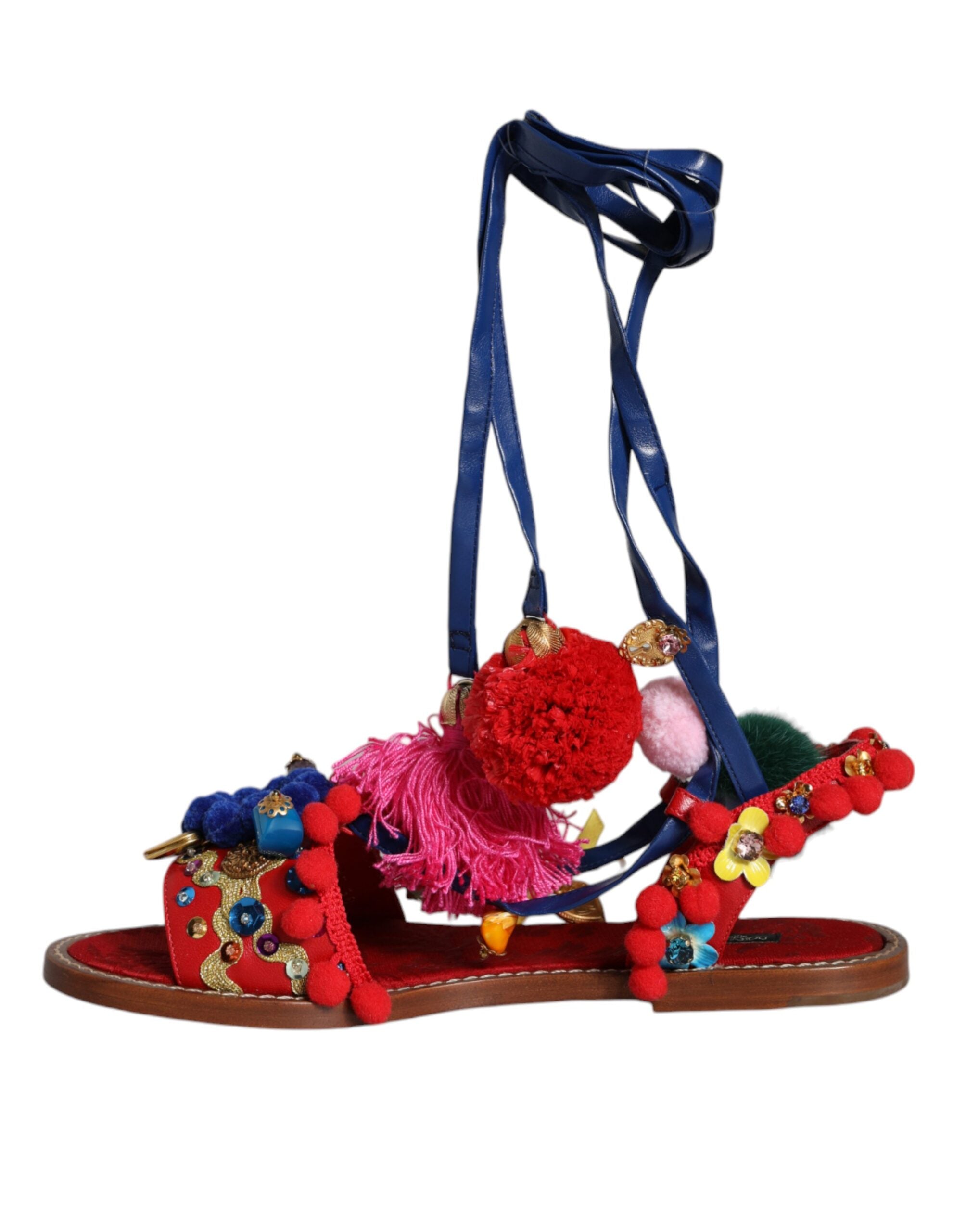 Flerfargede Pom Pom-sandaler med pels, sko med wrap