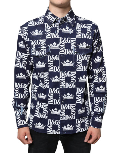 Dolce &amp; Gabbana Blå Kronlogotyptryck Slim Fit Bomullsskjorta