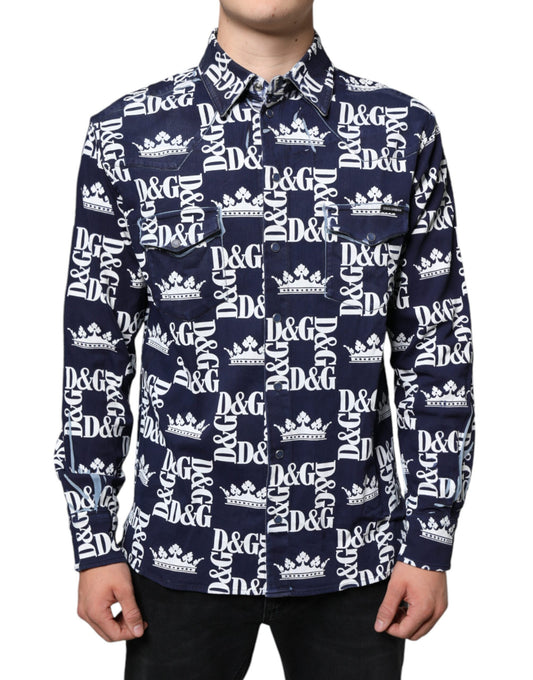 Dolce &amp; Gabbana Blå Kronlogotyptryck Slim Fit Bomullsskjorta