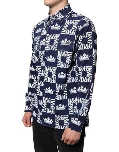 Dolce &amp; Gabbana Blå Kronlogotyptryck Slim Fit Bomullsskjorta