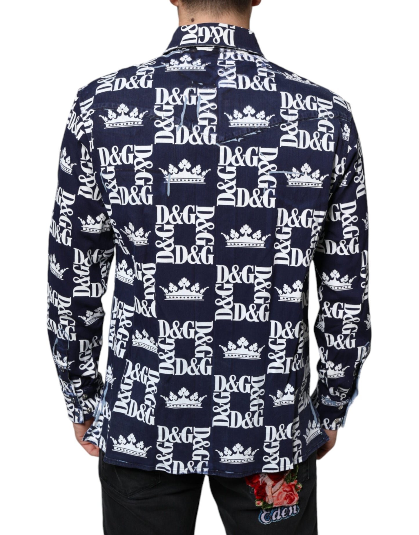 Dolce &amp; Gabbana Blå Kronlogotyptryck Slim Fit Bomullsskjorta