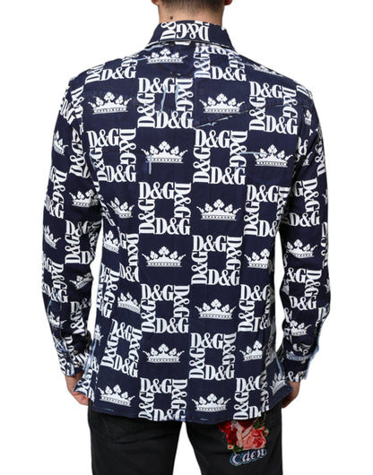 Dolce &amp; Gabbana Blå Kronlogotyptryck Slim Fit Bomullsskjorta