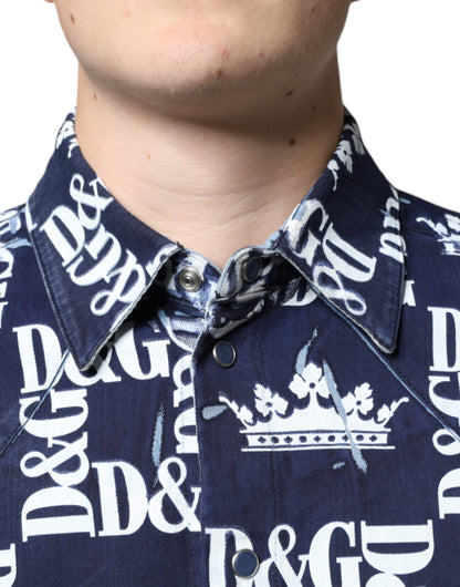 Dolce &amp; Gabbana Blå Kronlogotyptryck Slim Fit Bomullsskjorta
