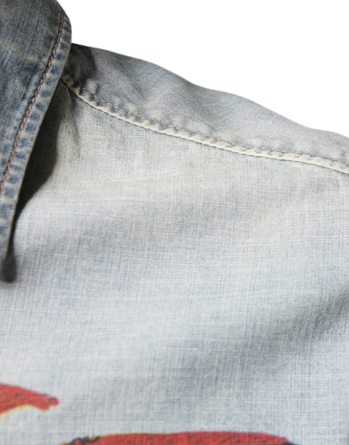 John Galliano ljusblå mönstrad bomullsdenimskjorta med långa ärmar