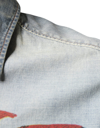 John Galliano ljusblå mönstrad bomullsdenimskjorta med långa ärmar