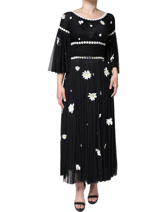 Dolce &amp; Gabbana Svart Silke Daisy A-linje Lang Maxikjole