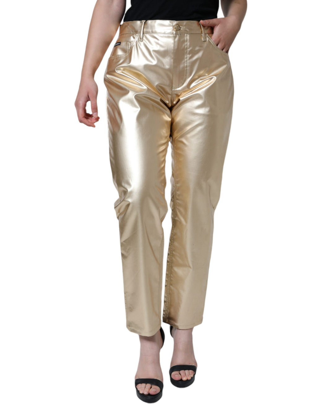 Metalliska guldfärgade polyester avsmalnande byxor