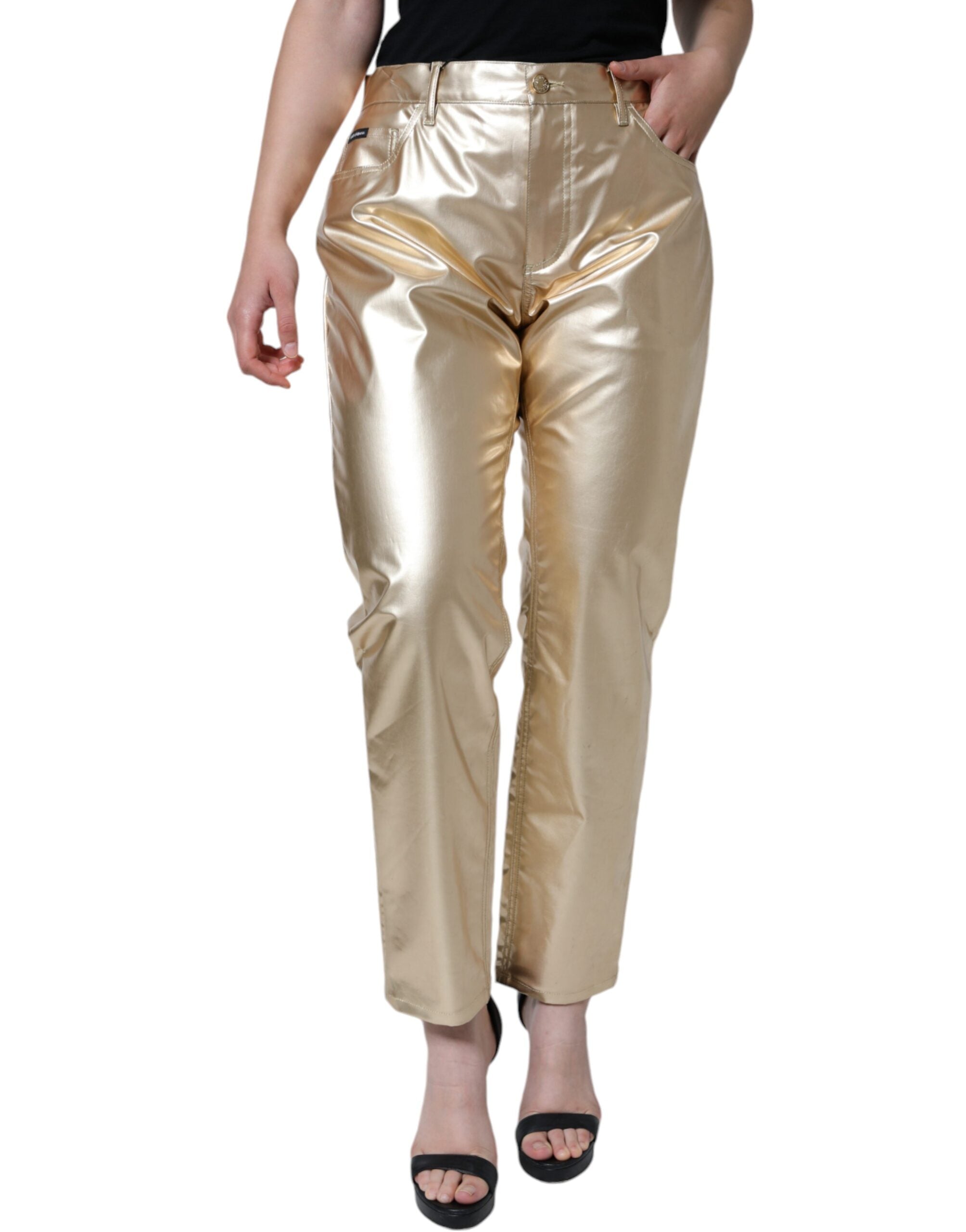 Metalliska guldfärgade polyester avsmalnande byxor