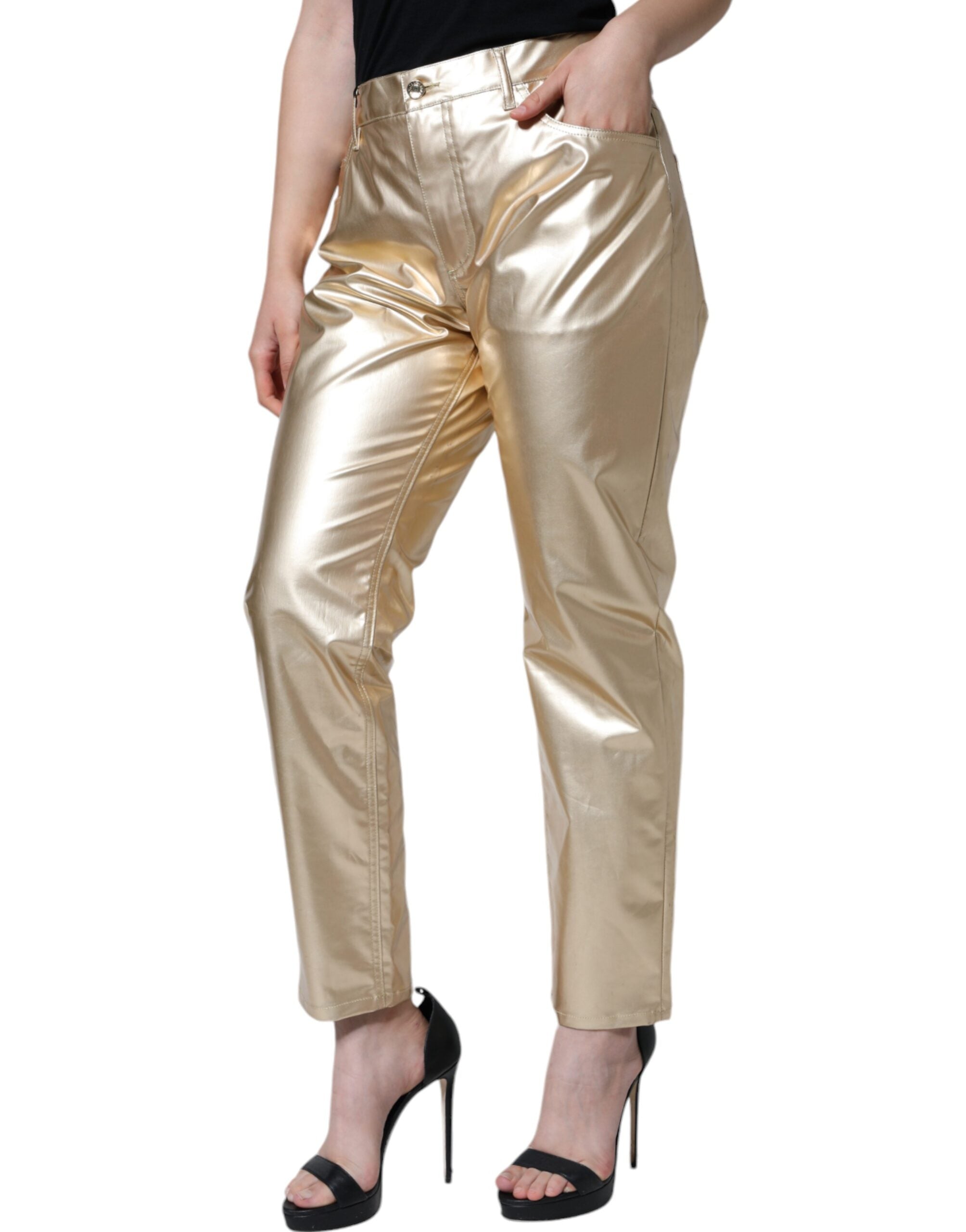 Metalliska guldfärgade polyester avsmalnande byxor