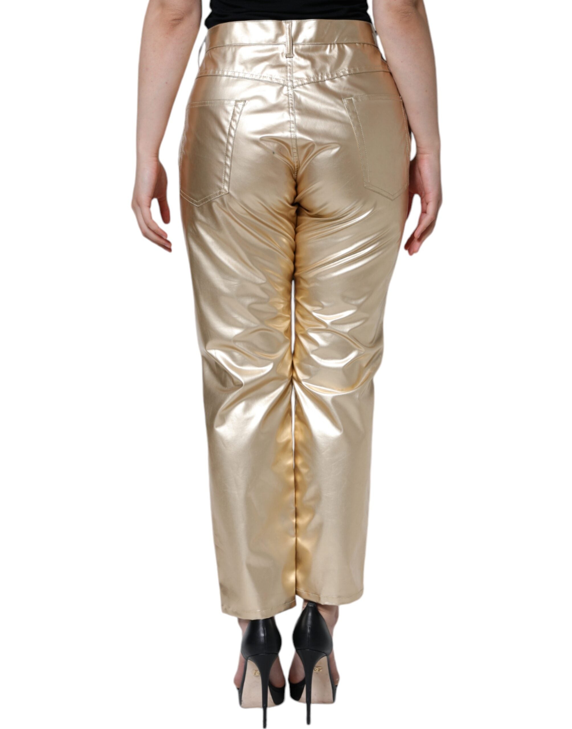 Metalliska guldfärgade polyester avsmalnande byxor