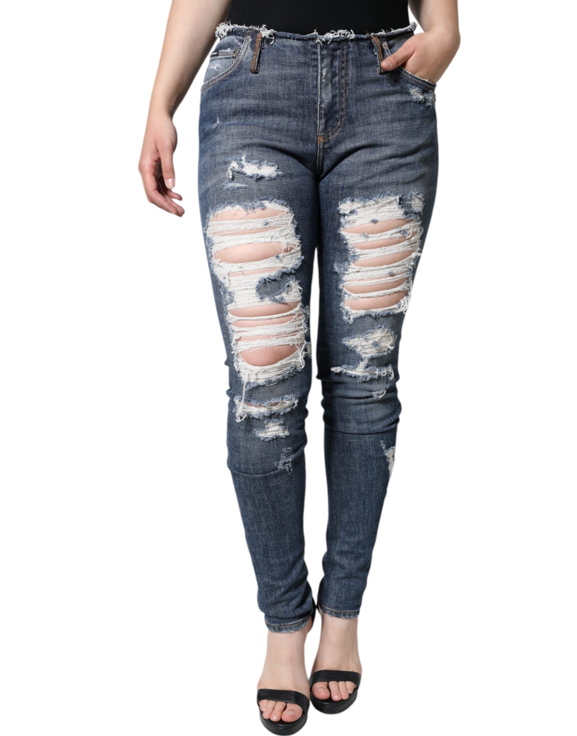 Blåa, slitna skinny jeans i bomull med stretch