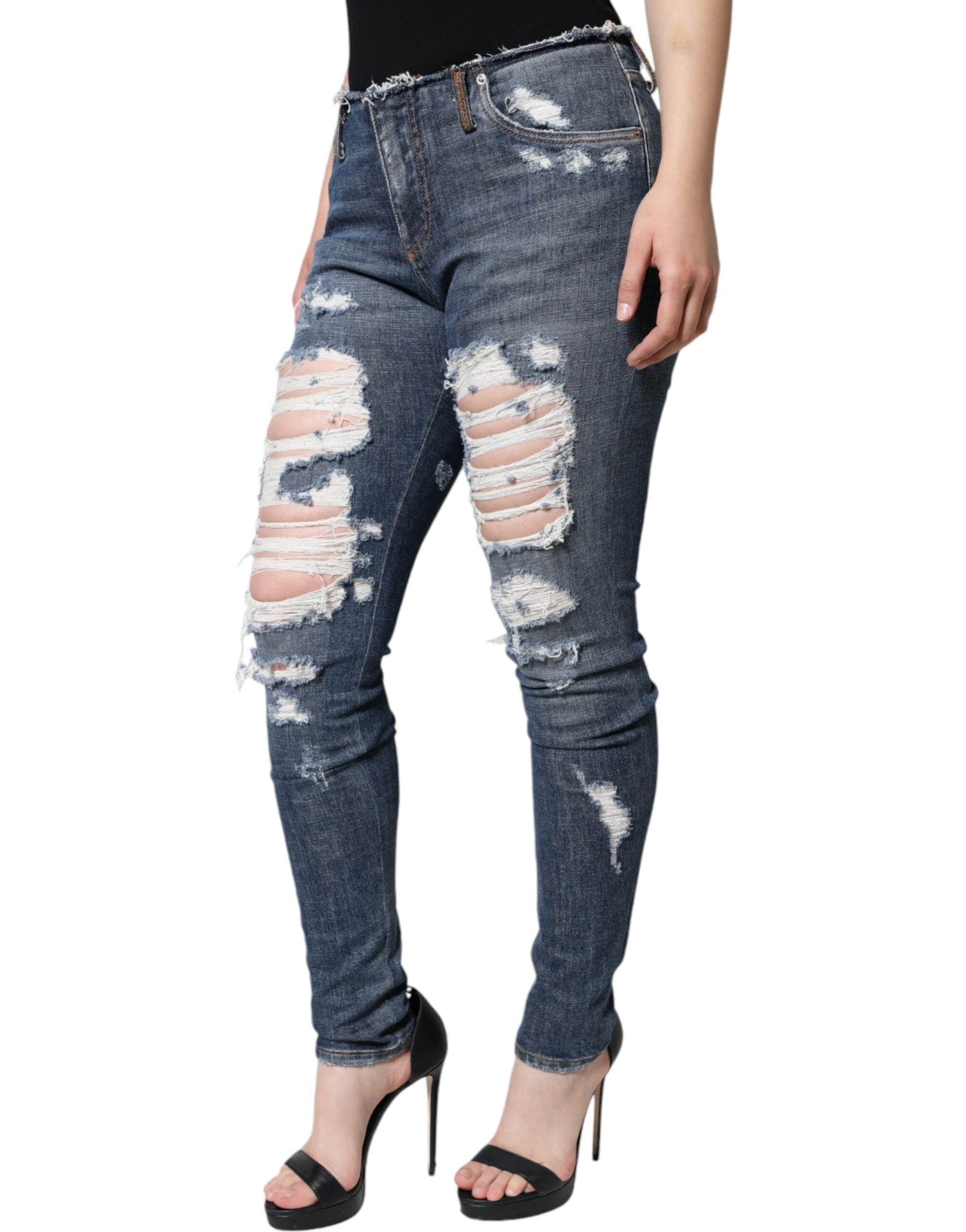 Blåa, slitna skinny jeans i bomull med stretch