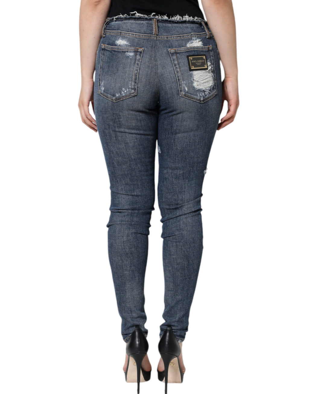 Blåa, slitna skinny jeans i bomull med stretch