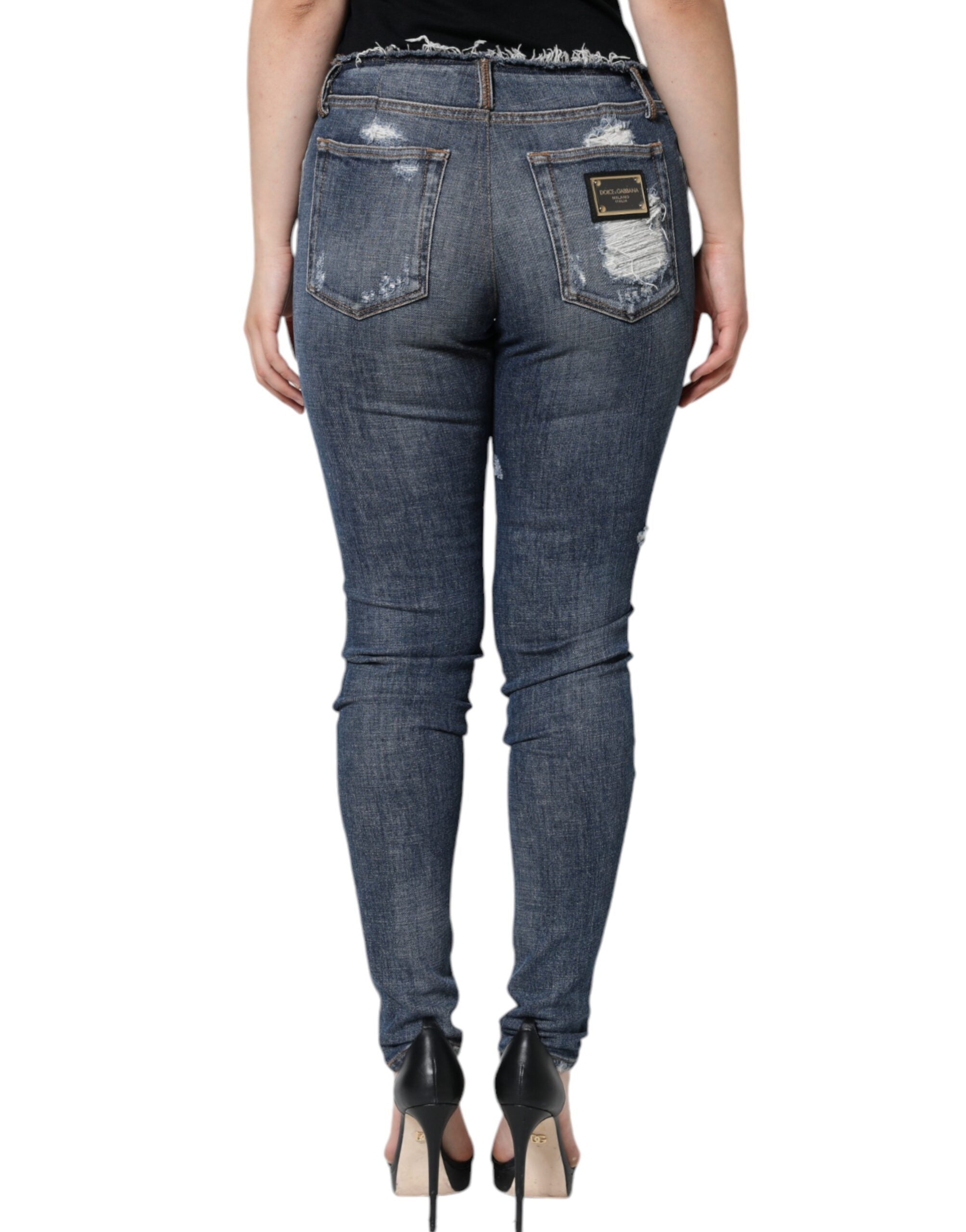 Blåa, slitna skinny jeans i bomull med stretch