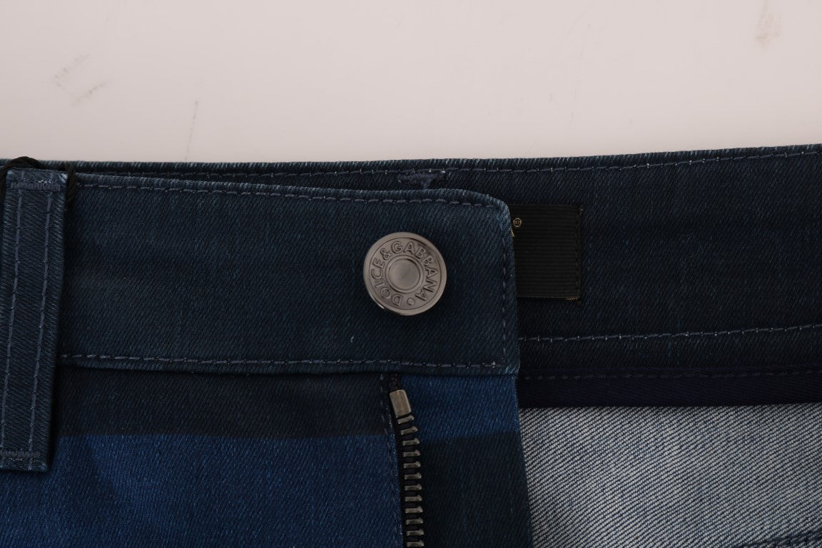 Blå kort randig minijeanskjol