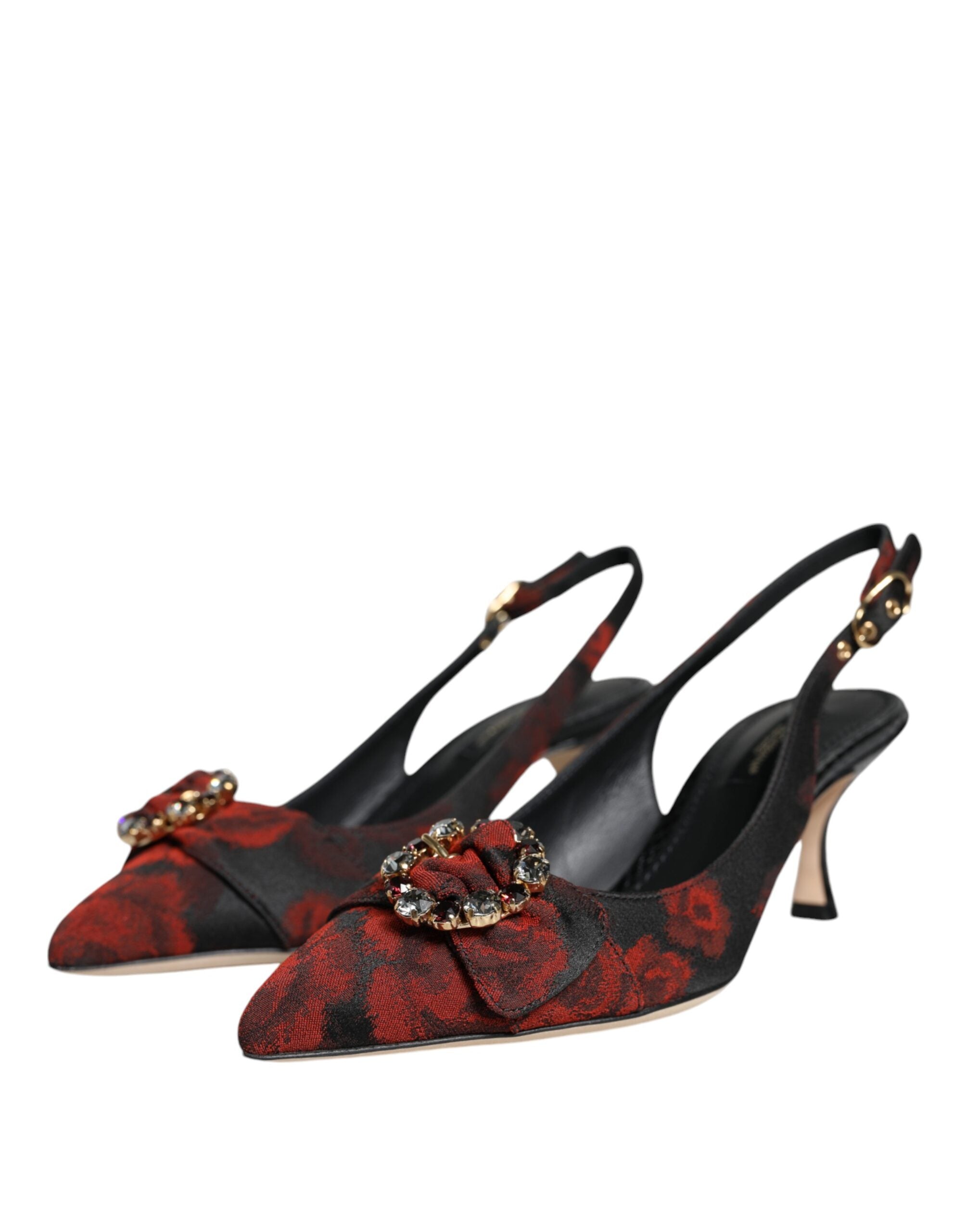 Svarte Røde Blomster Krystall Hæl Slingback Sko