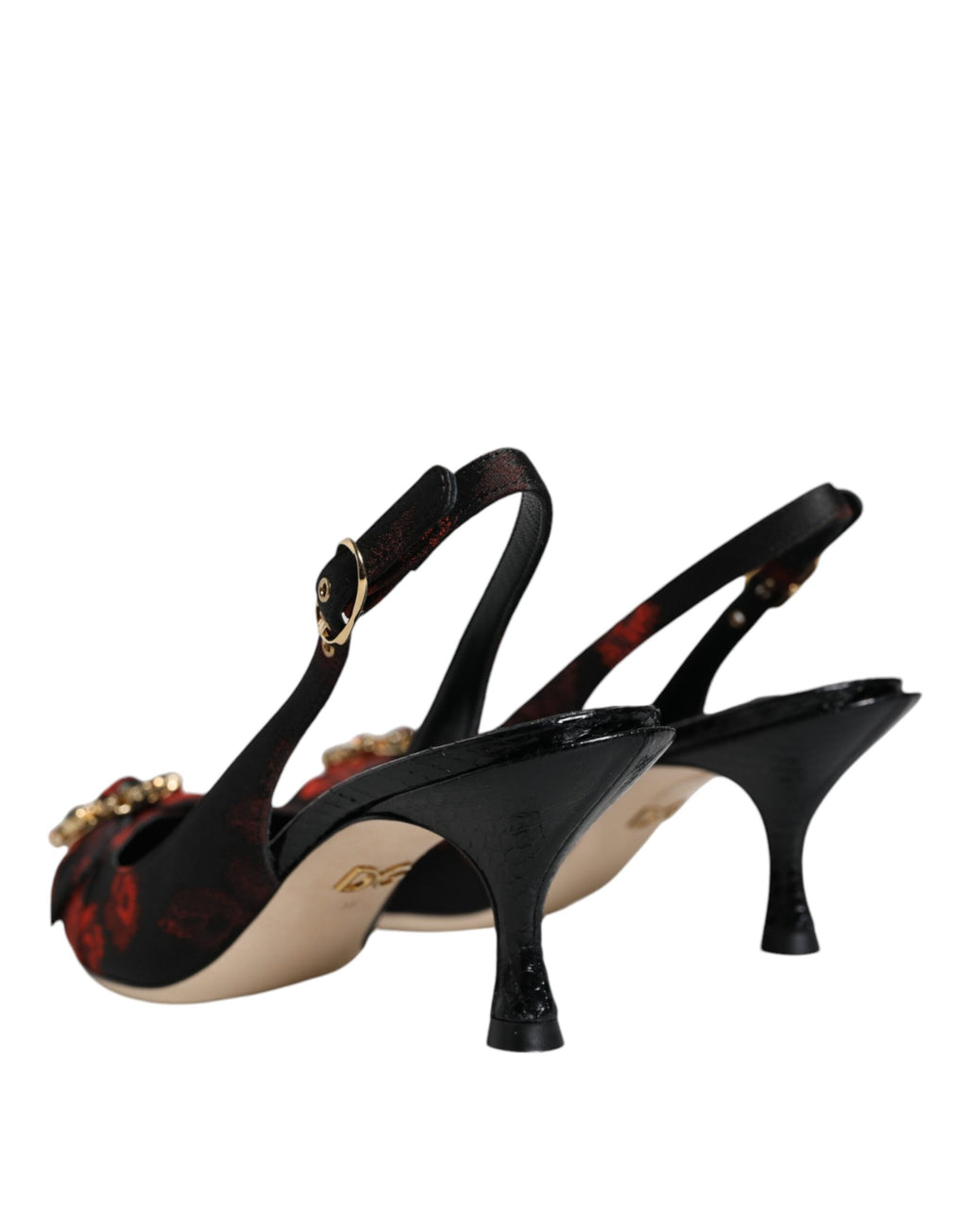 Svarte Røde Blomster Krystall Hæl Slingback Sko