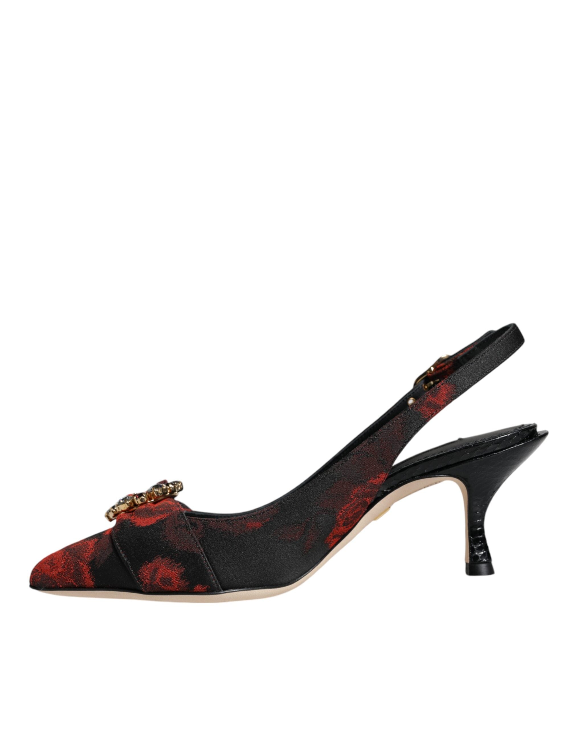 Svarte Røde Blomster Krystall Hæl Slingback Sko