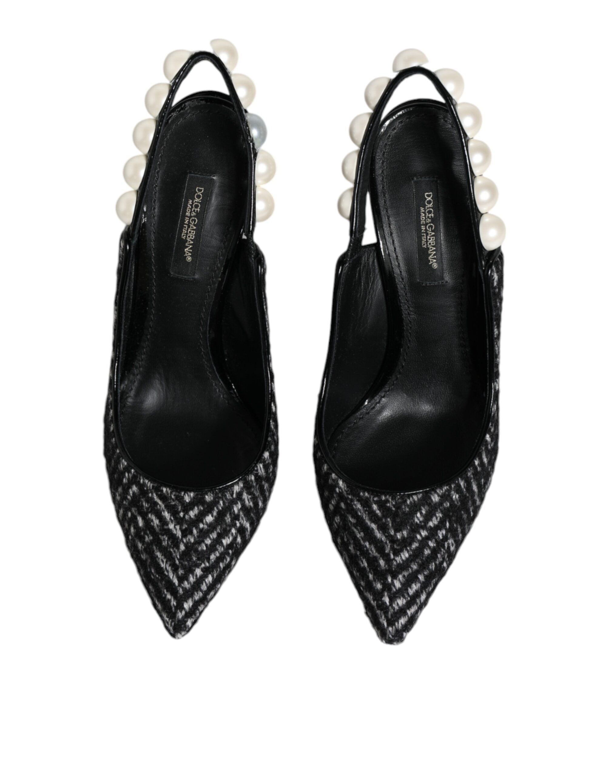 Hvite Svarte Chevron Imiterte Perle Slingback Sko